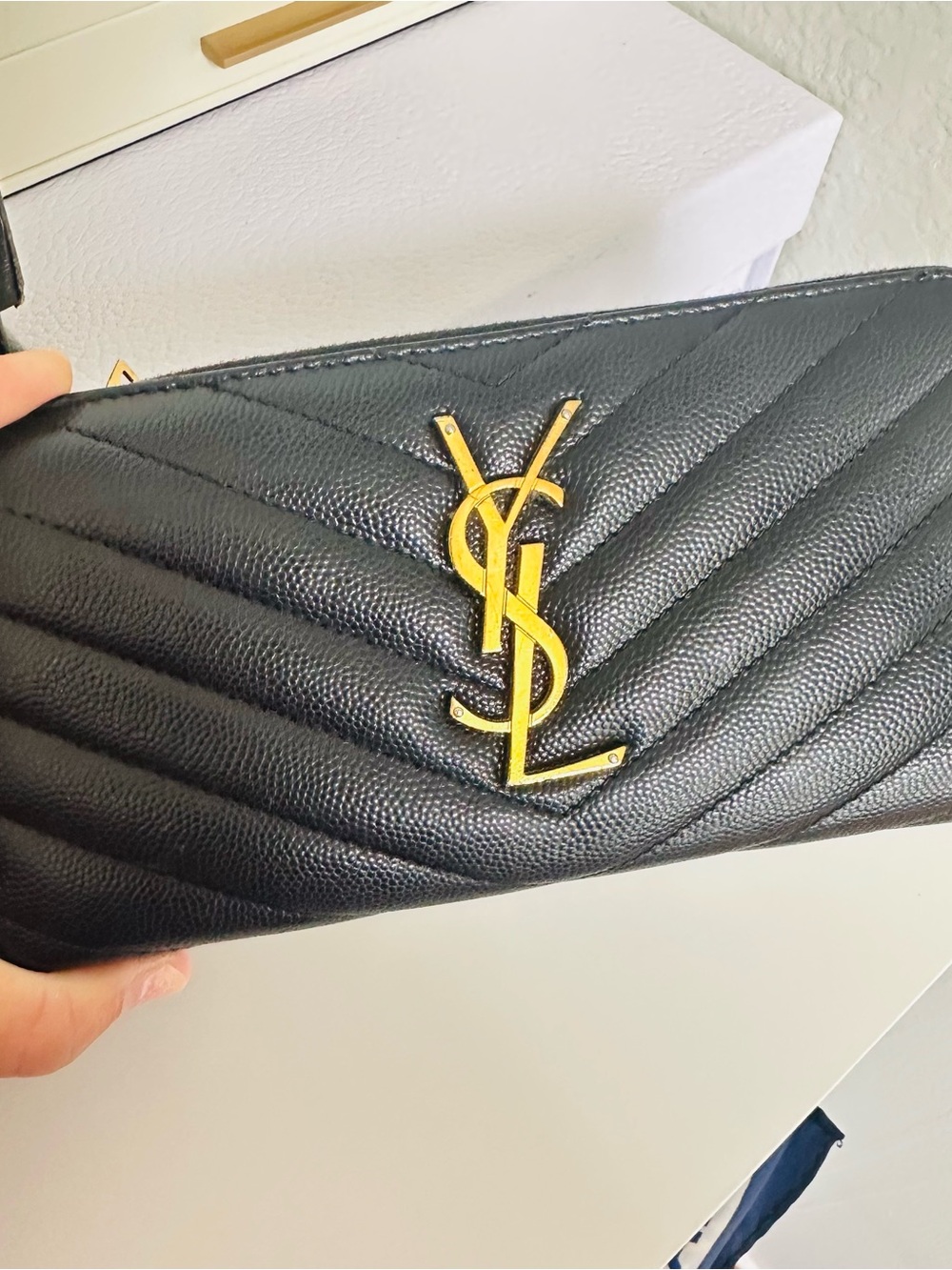 Authentic Saint Laurent Black Quilted Leather Clutch with Gold YSL Logo